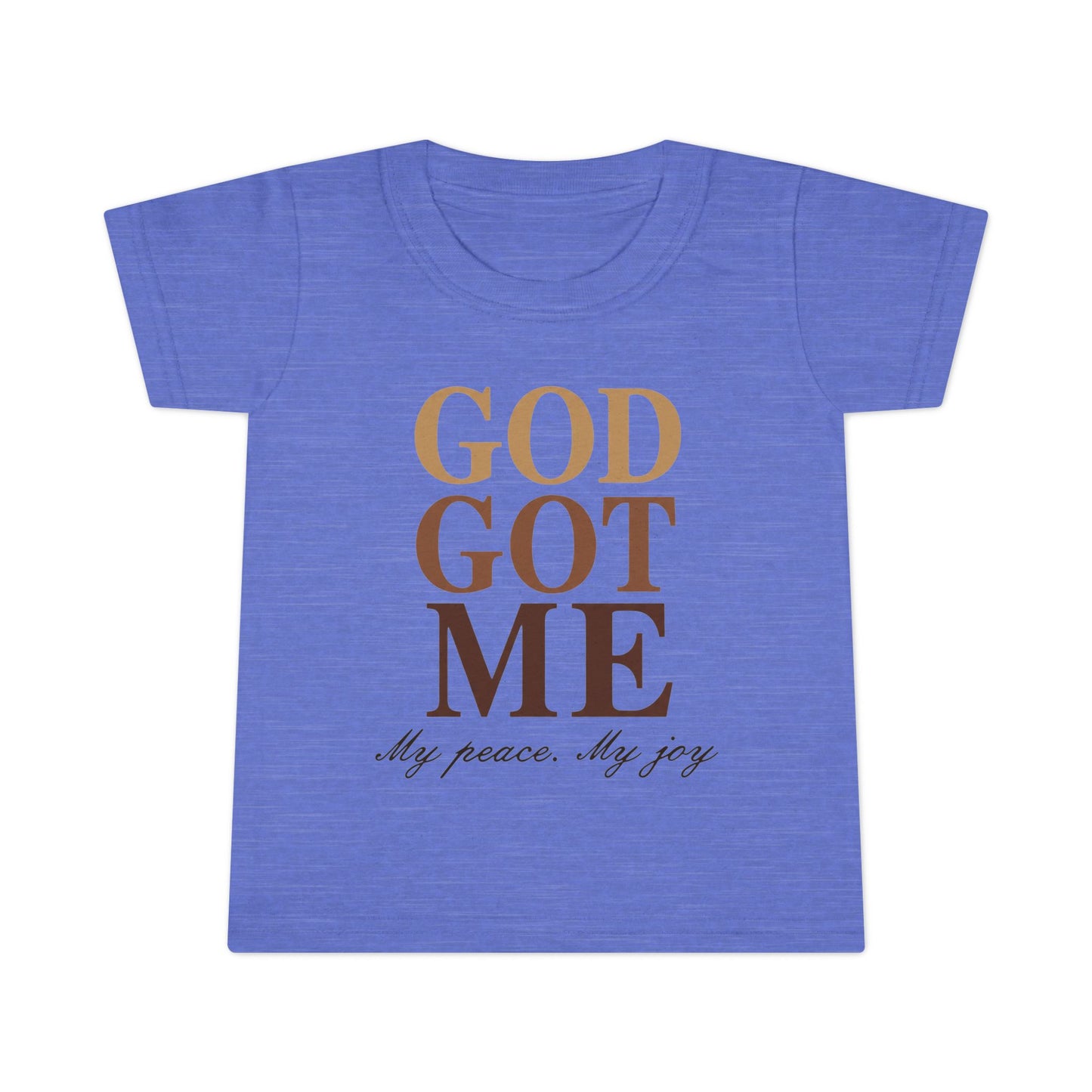 Blue t-shirt with 'GOD GOT ME My peace. My joy' text on a white background
