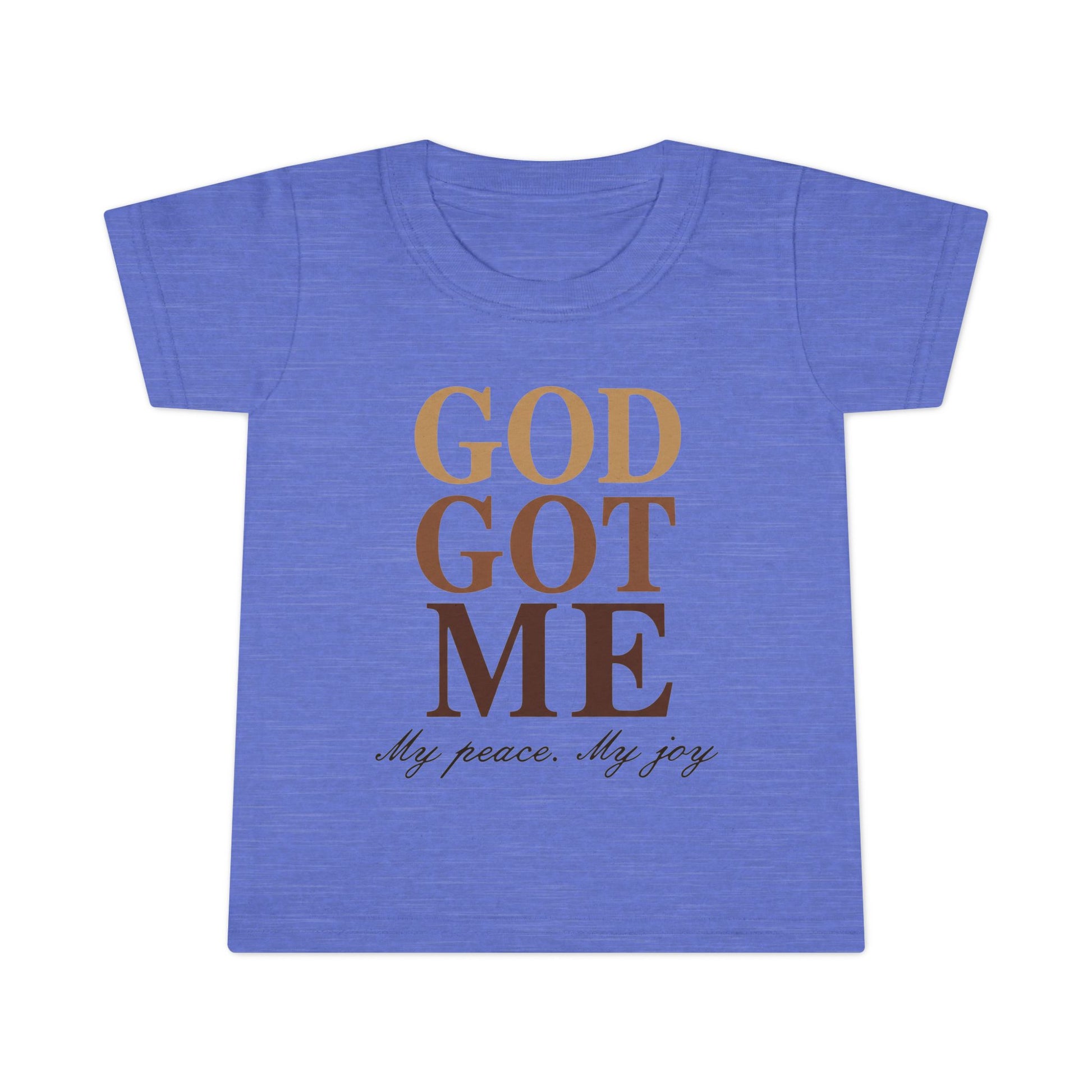 Blue t-shirt with 'GOD GOT ME My peace. My joy' text on a white background