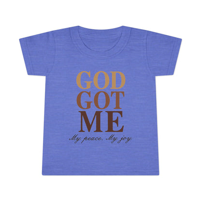 Blue t-shirt with 'GOD GOT ME My peace. My joy' text on a white background