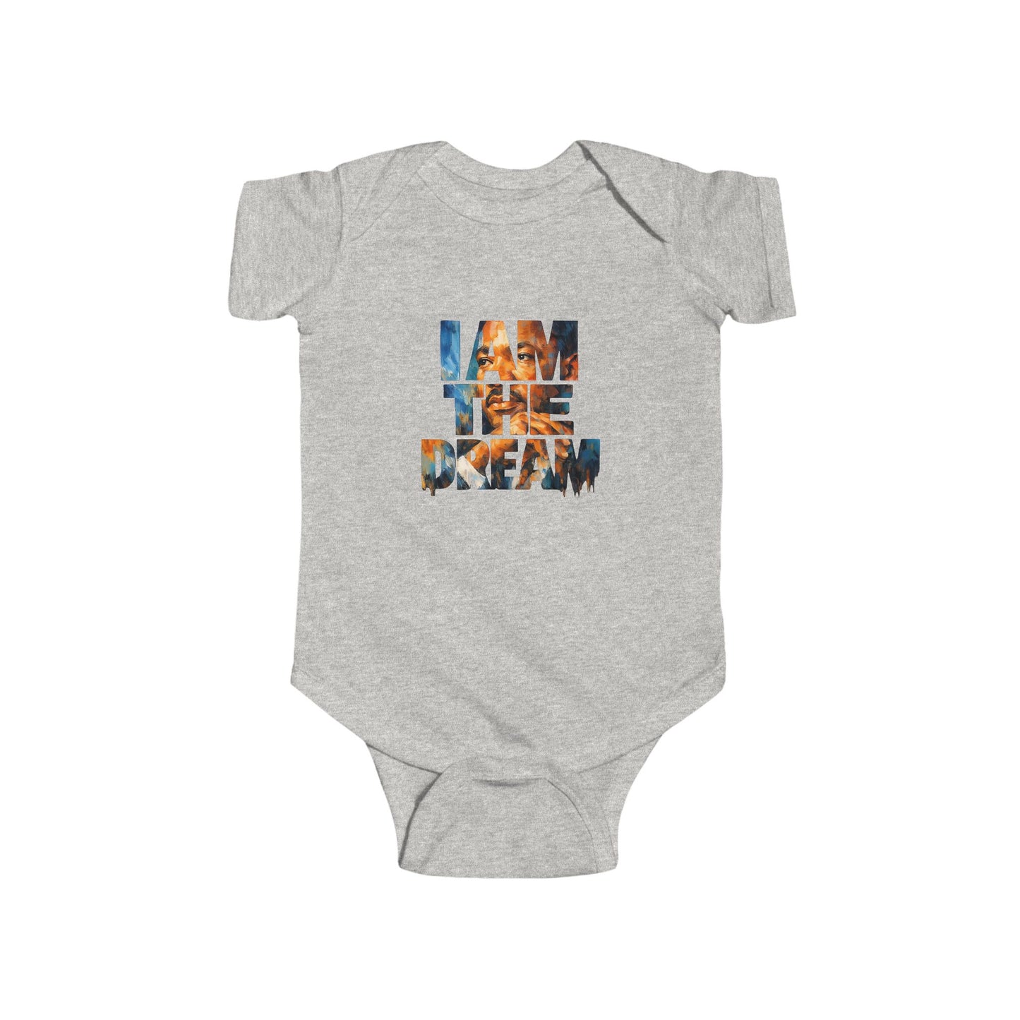 Gray baby onesie with 'I AM THE DREAM' text on a white background