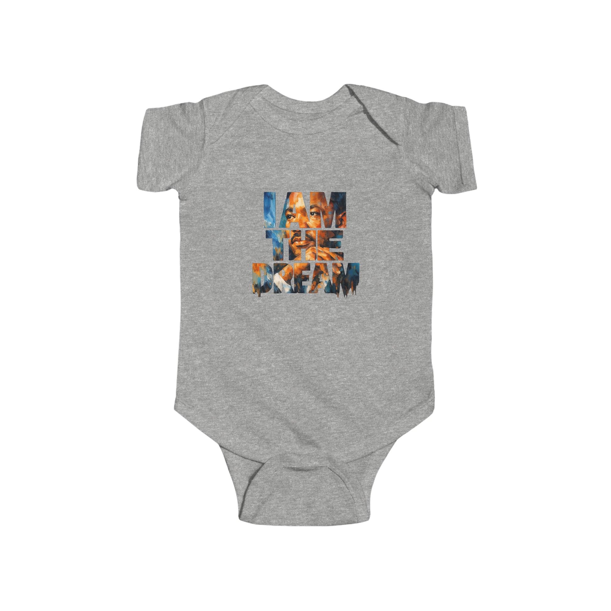 Gray baby onesie with a graphic design on a white background