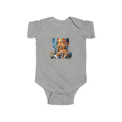 Gray baby onesie with a graphic design on a white background