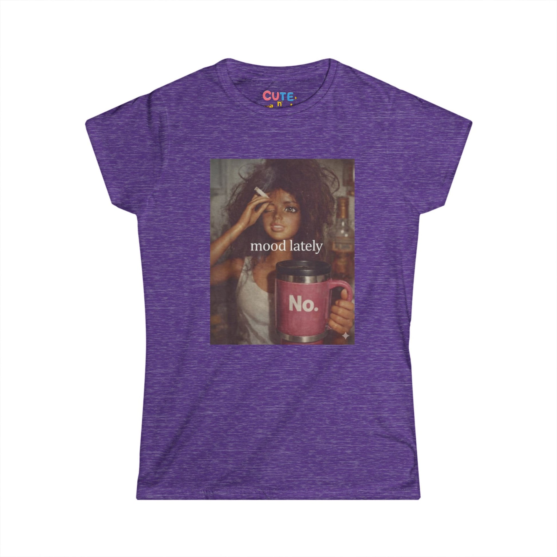 Purple t-shirt with a graphic design of a woman holding a mug and text 'mood lately No.' on a white background.