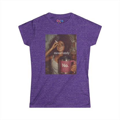 Purple t-shirt with a graphic design of a woman holding a mug and text 'mood lately No.' on a white background.