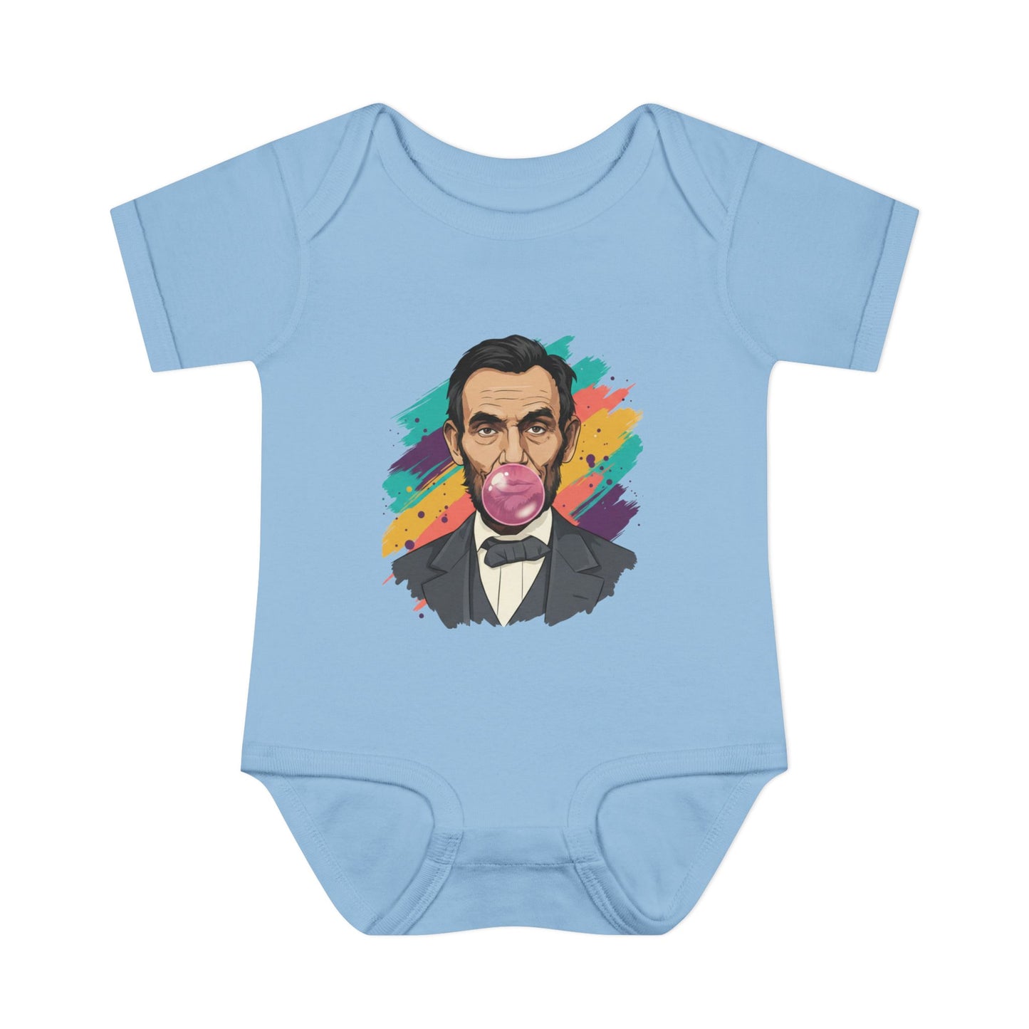 Light blue baby onesie with a colorful graphic of a historical figure on a white background