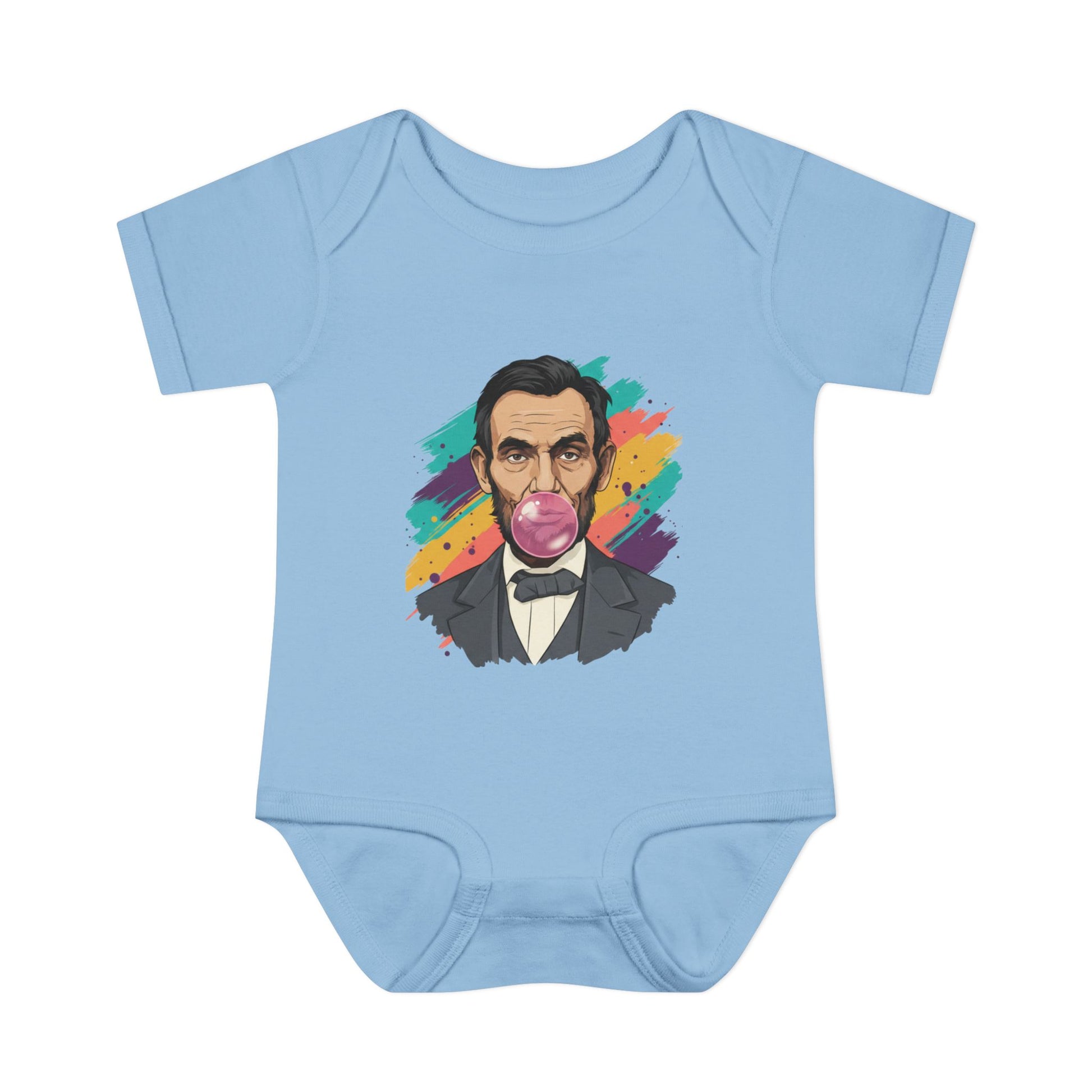 Light blue baby onesie with a colorful graphic of a historical figure on a white background