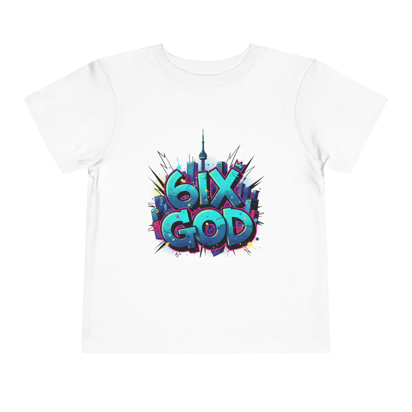 White t-shirt with colorful '6ix God' graphic design on a white background