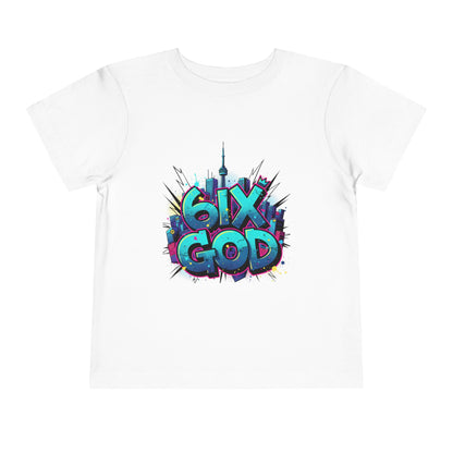 White t-shirt with colorful '6ix God' graphic design on a white background