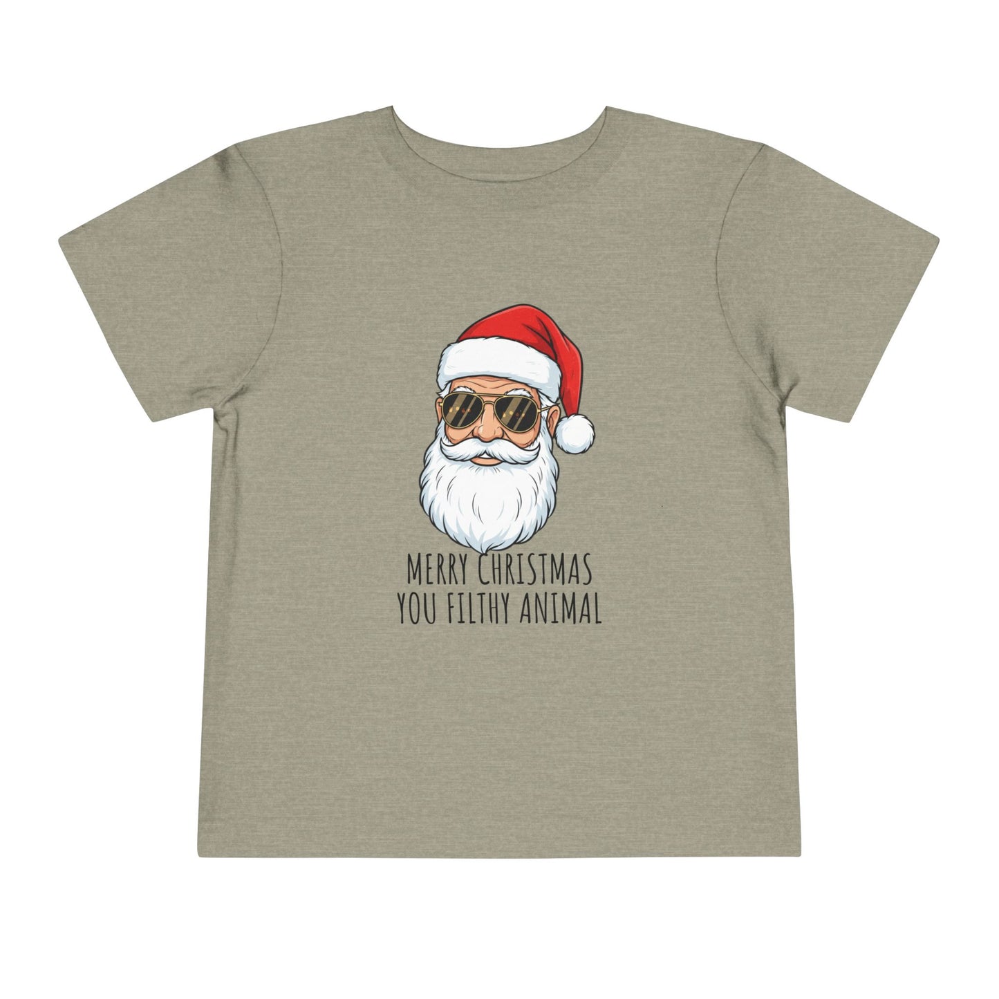 Children's t-shirt with a graphic of a Santa Claus face and sunglasses, featuring the text 'Merry Christmas you filthy animal' on a beige background.