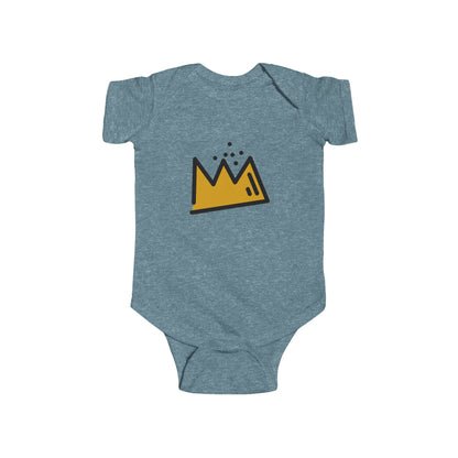 Blue baby onesie with a yellow Basquiat crown design on a white background