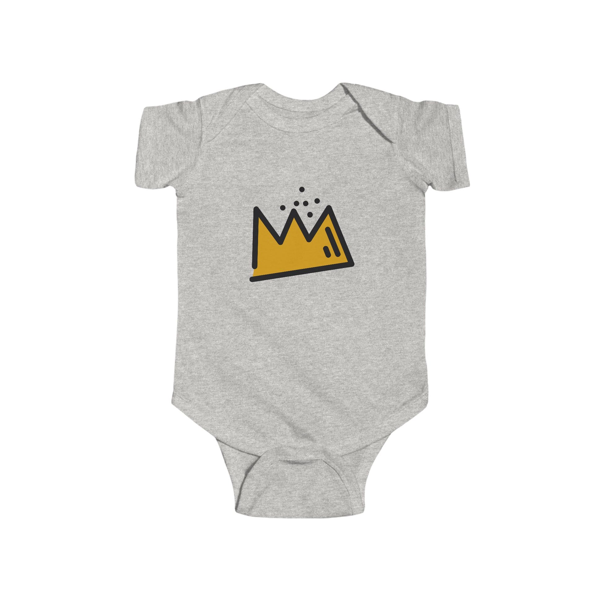 Gray baby onesie with a yellow Basquiat crown design on a white background