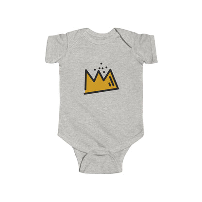 Gray baby onesie with a yellow Basquiat crown design on a white background