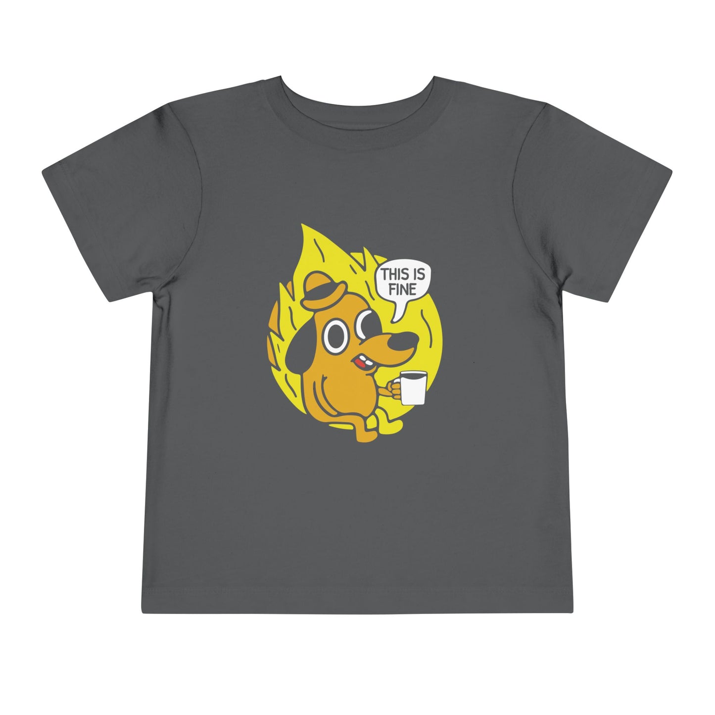 Gray t-shirt with a dog graphic and 'This is fine' text on a white background