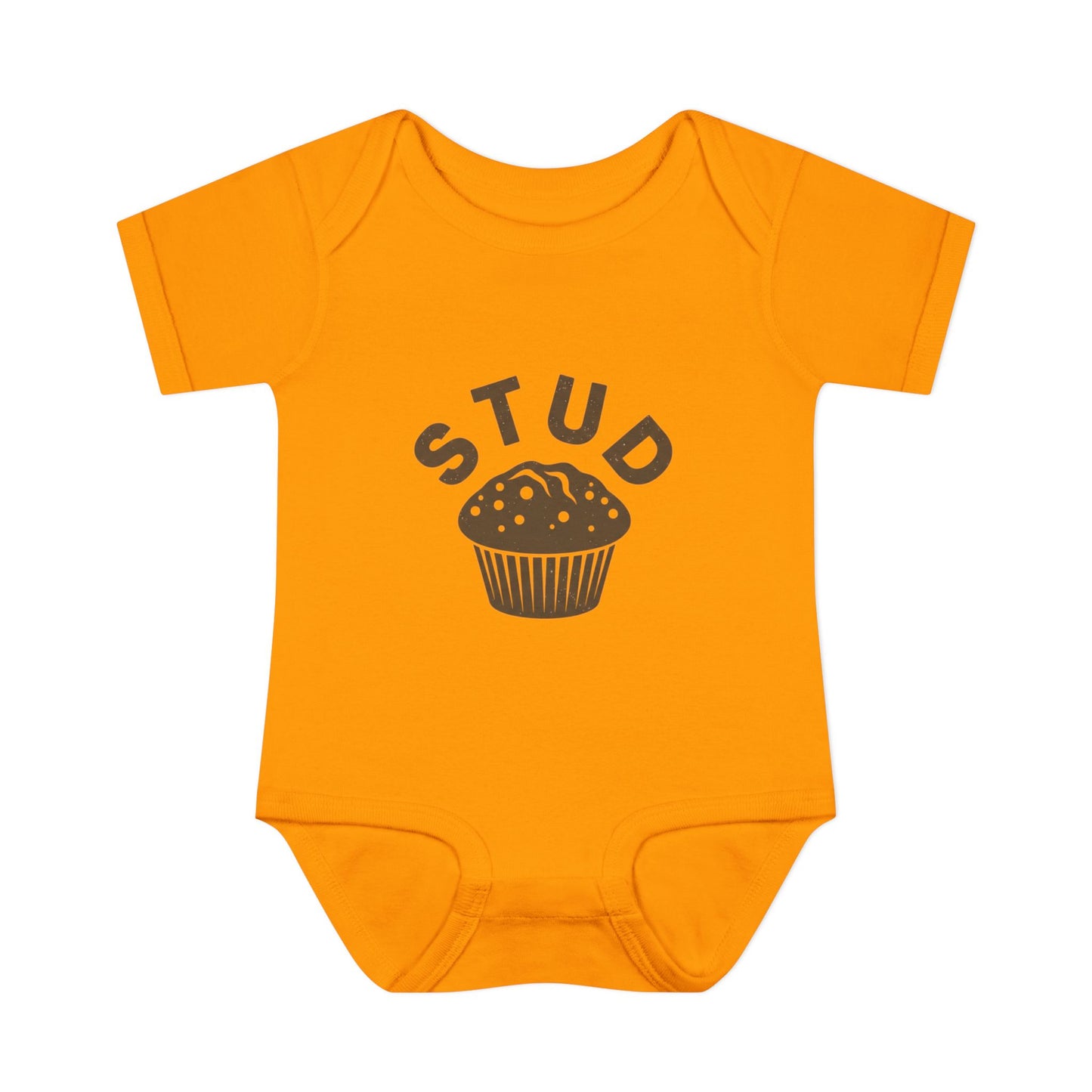 Orange baby onesie with 'STUD' and muffin graphic on a white background