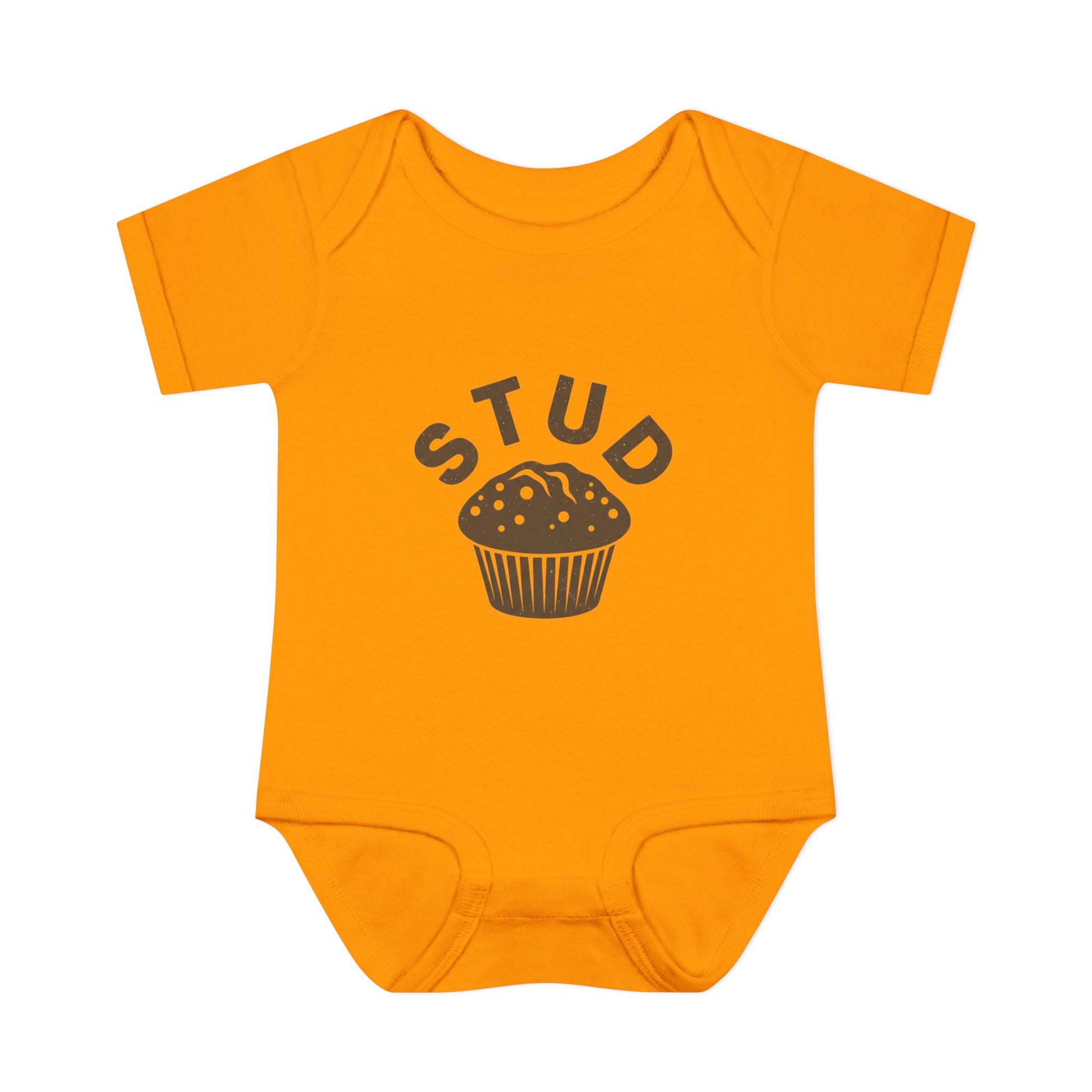 Orange baby onesie with 'STUD' and muffin graphic on a white background