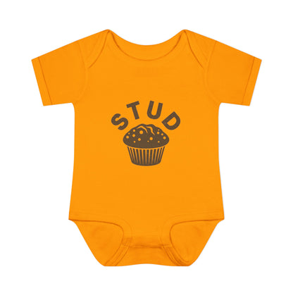 Orange baby onesie with 'STUD' and muffin graphic on a white background