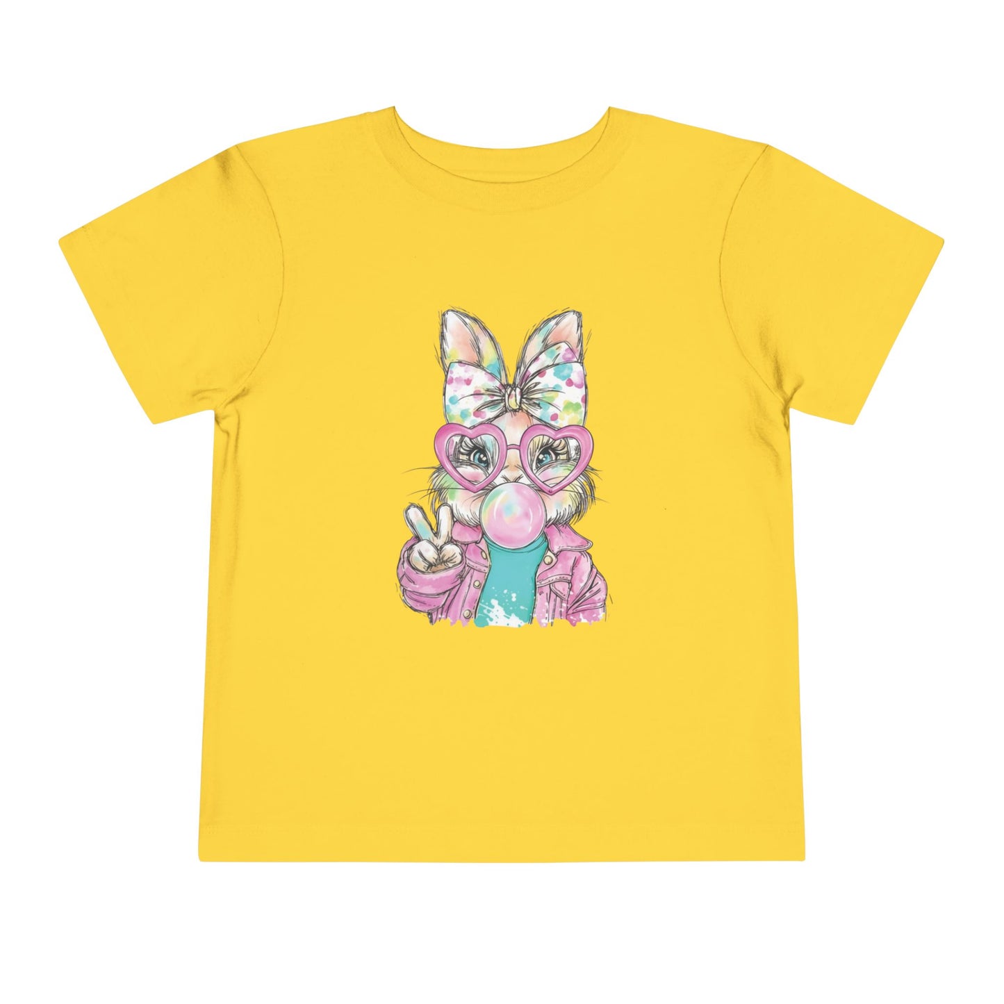 Yellow t-shirt with a cartoon character wearing a bow and glasses on a white background