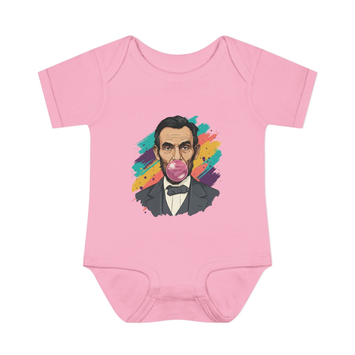 Pink baby onesie with a colorful graphic of a historical figure on a white background