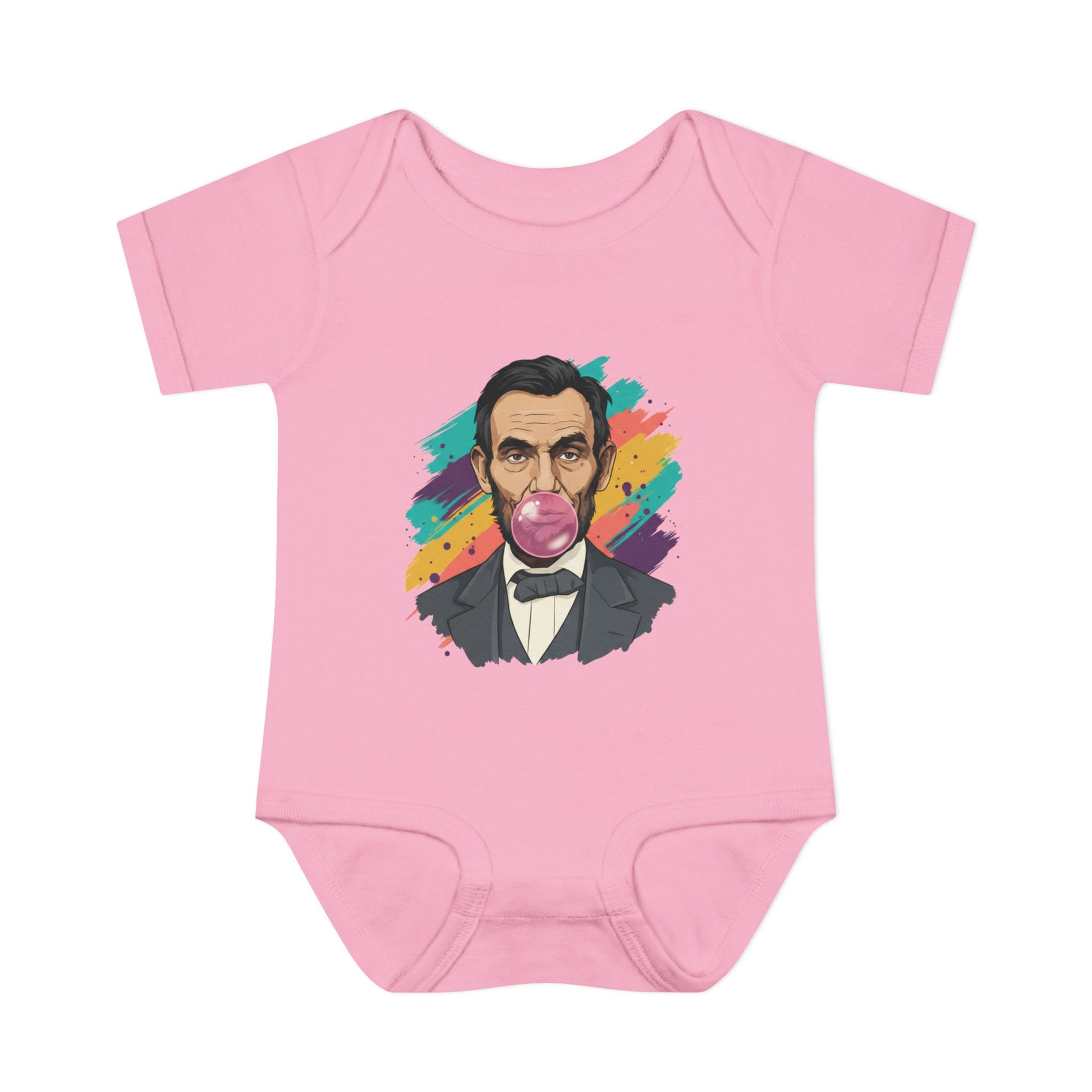 Pink baby onesie with a colorful graphic of a historical figure on a white background