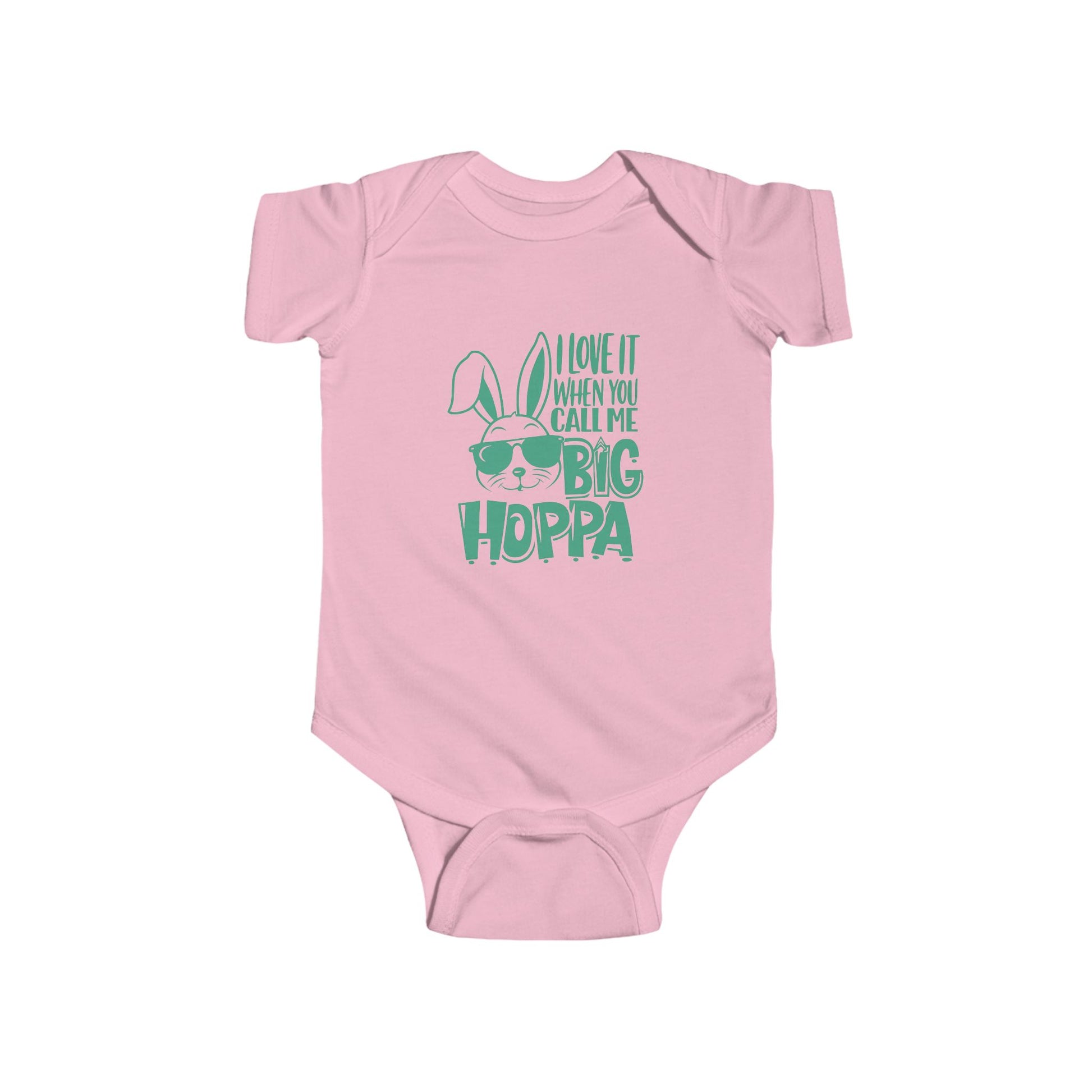 Pink baby onesie with green "big Hoppa" text and bunny graphic on a white background