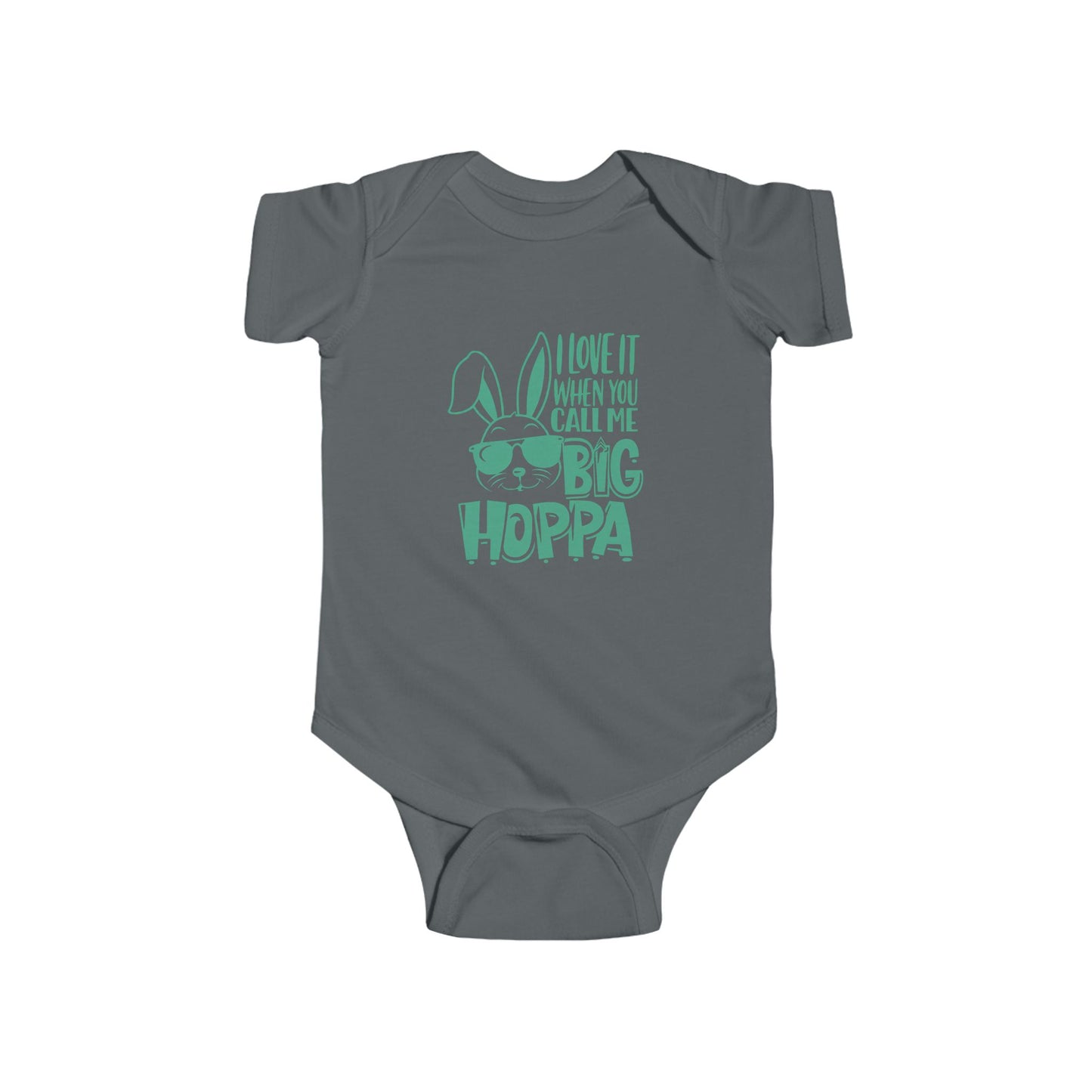 Gray baby onesie with green text and bunny design on a white background