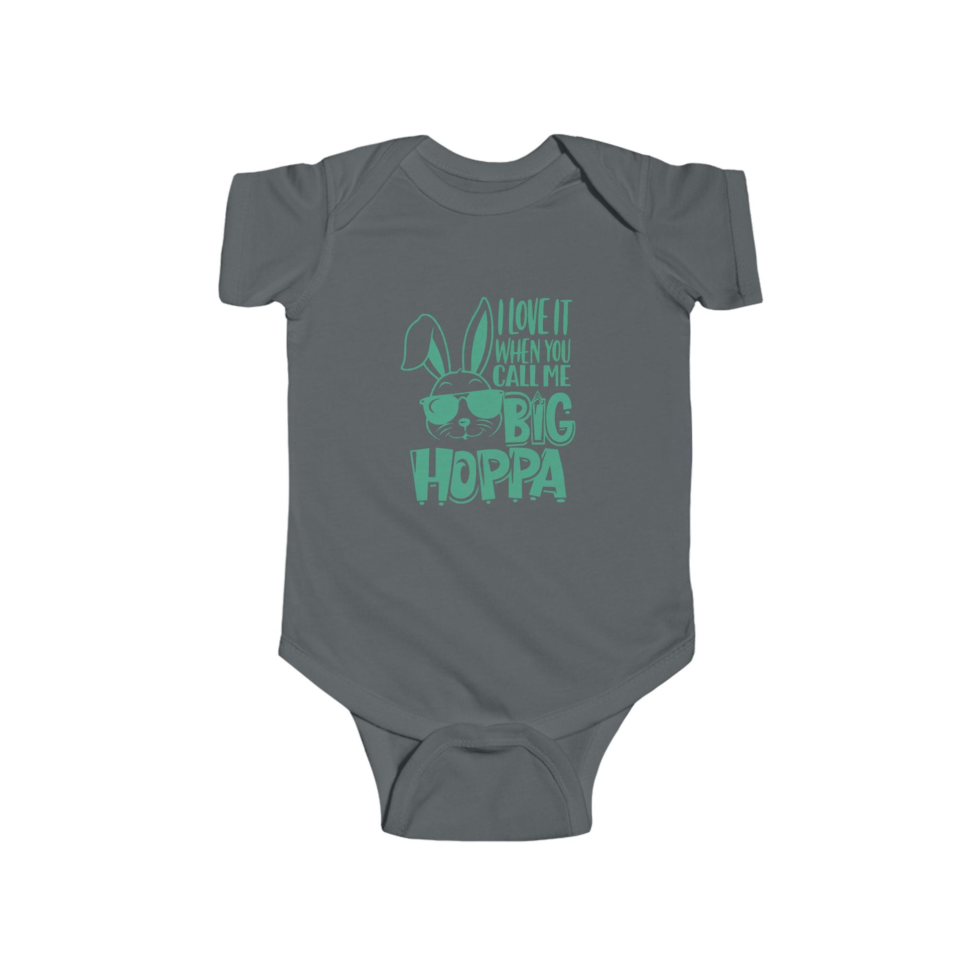 Gray baby onesie with green text and bunny design on a white background
