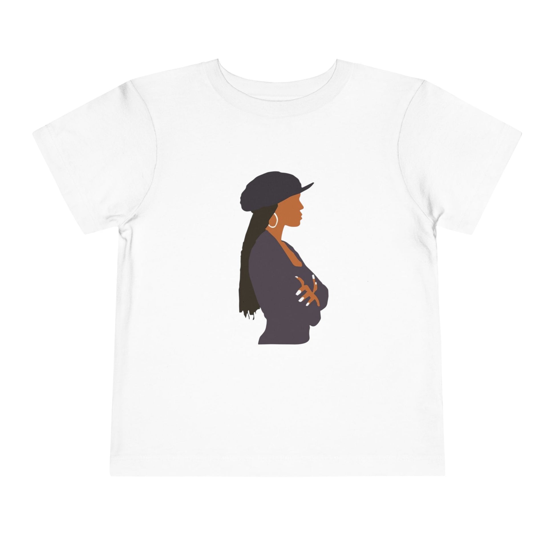 White t-shirt with a graphic of a woman wearing a hat on a white background