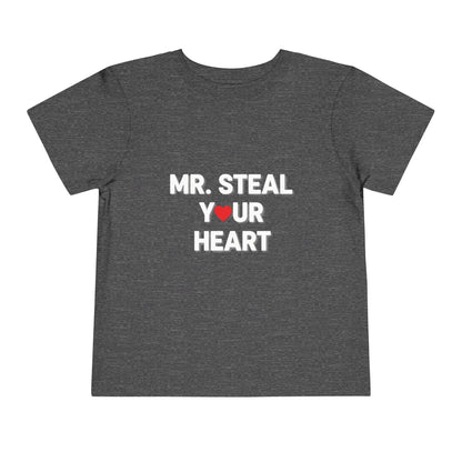 Gray t-shirt with 'MR. STEAL YOUR HEART' text on a white background
