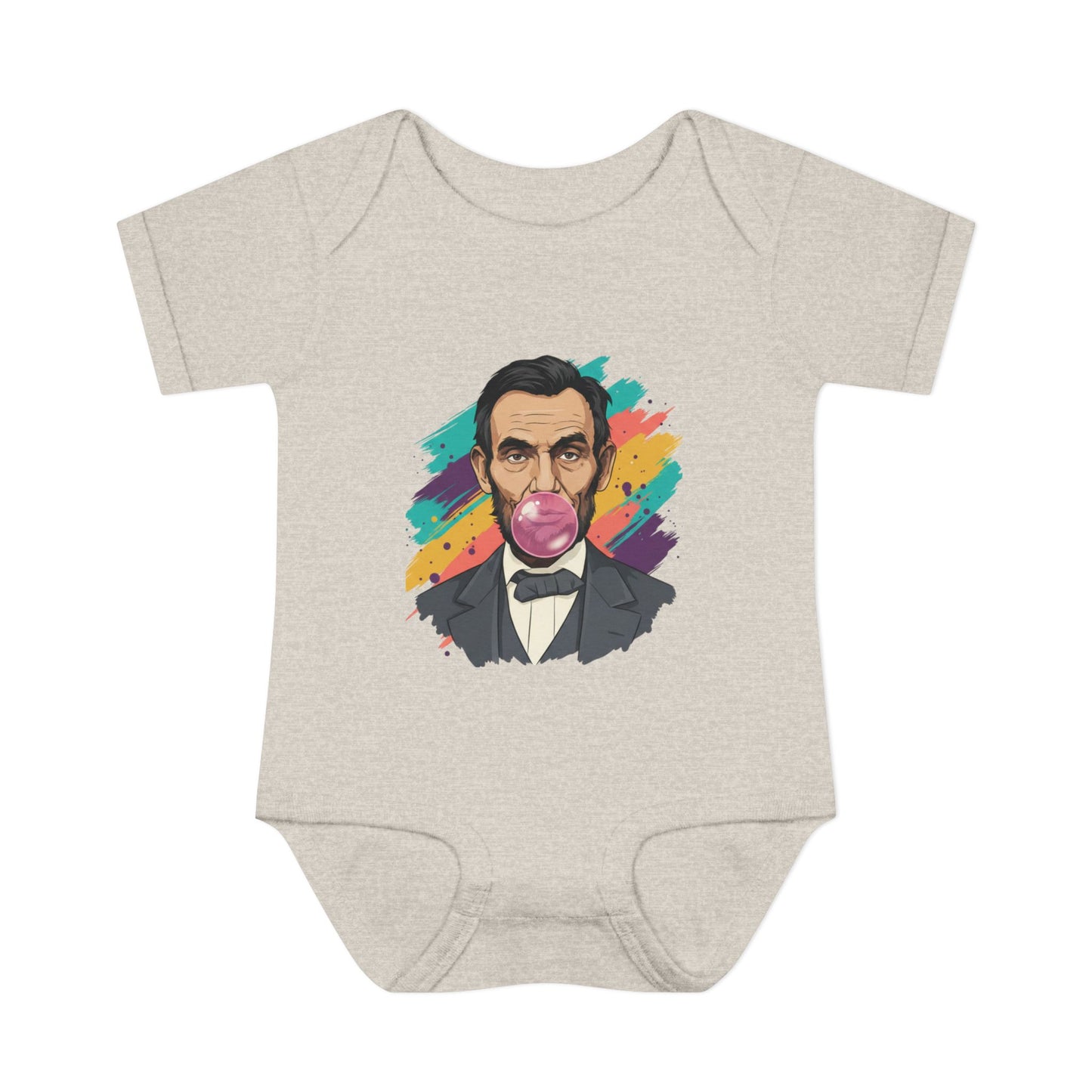 Beige baby onesie with a colorful graphic of a historical figure on a white background