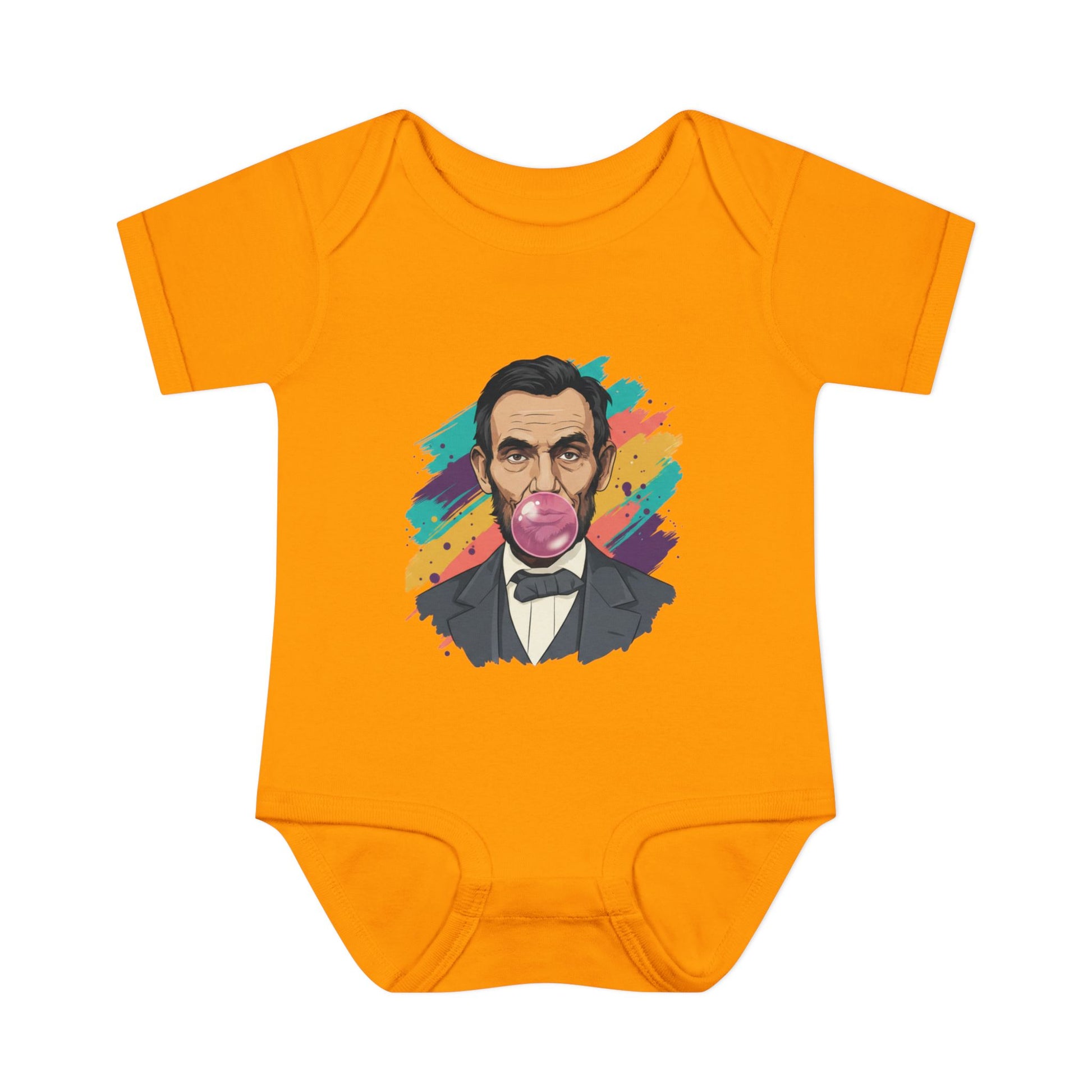 Orange baby onesie with a colorful graphic of a historical figure on a white background