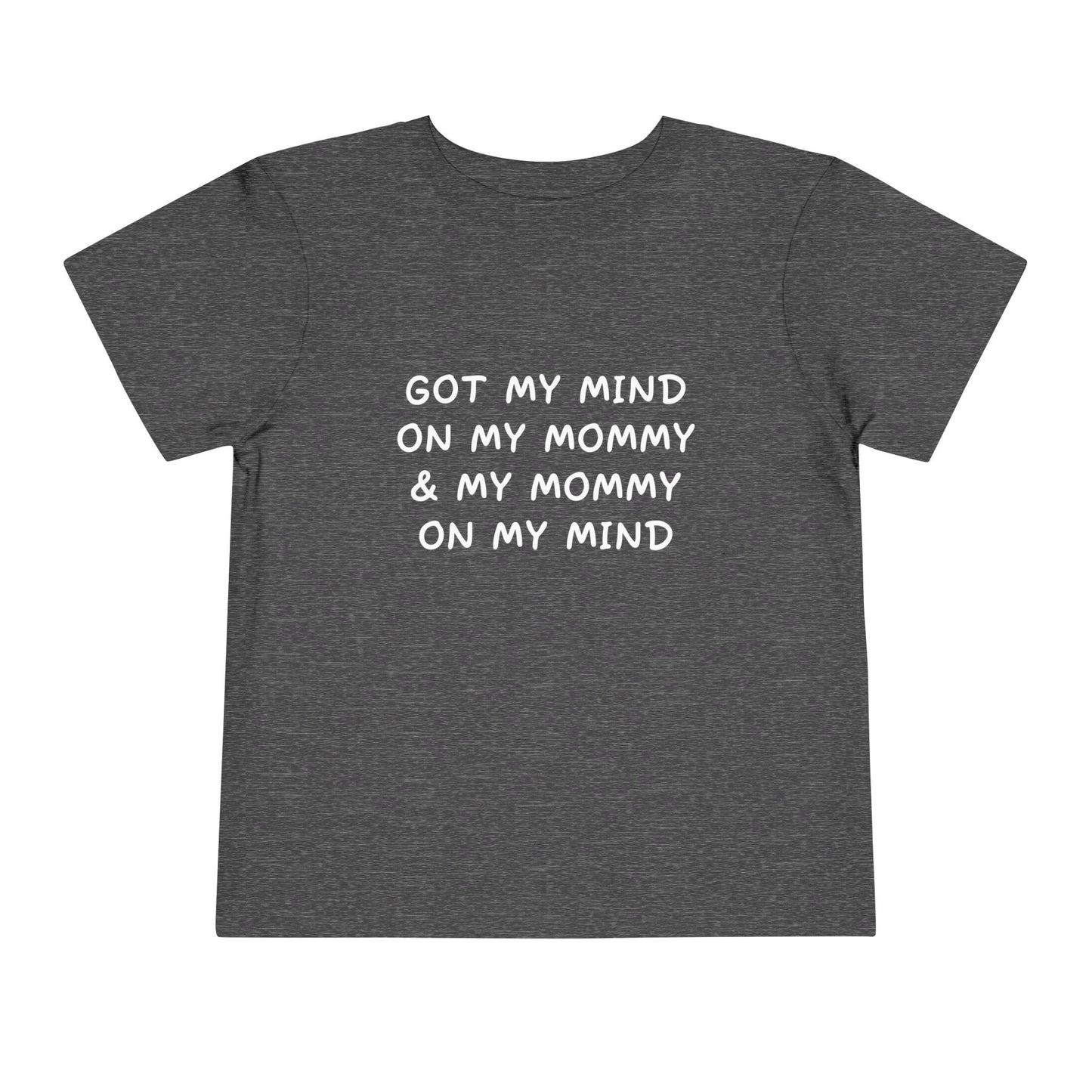 Gray t-shirt with white text on a white background