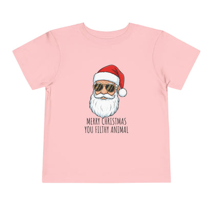 Pink t-shirt with a graphic of Santa Claus wearing sunglasses and a text 'Merry Christmas You Filthy Animal' on a white background.