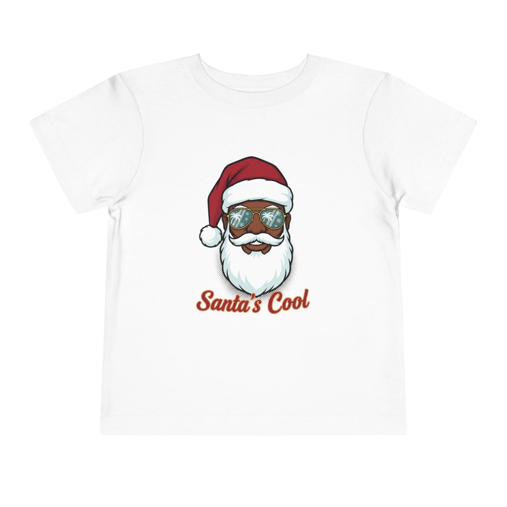 White t-shirt with a graphic of a Santa Claus face wearing sunglasses and the text 'Santa's Cool' on a white background.