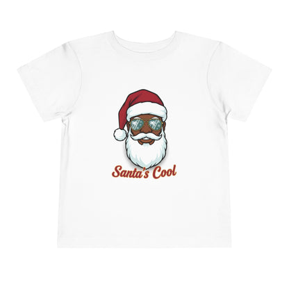 White t-shirt with a graphic of a Santa Claus face wearing sunglasses and the text 'Santa's Cool' on a white background.