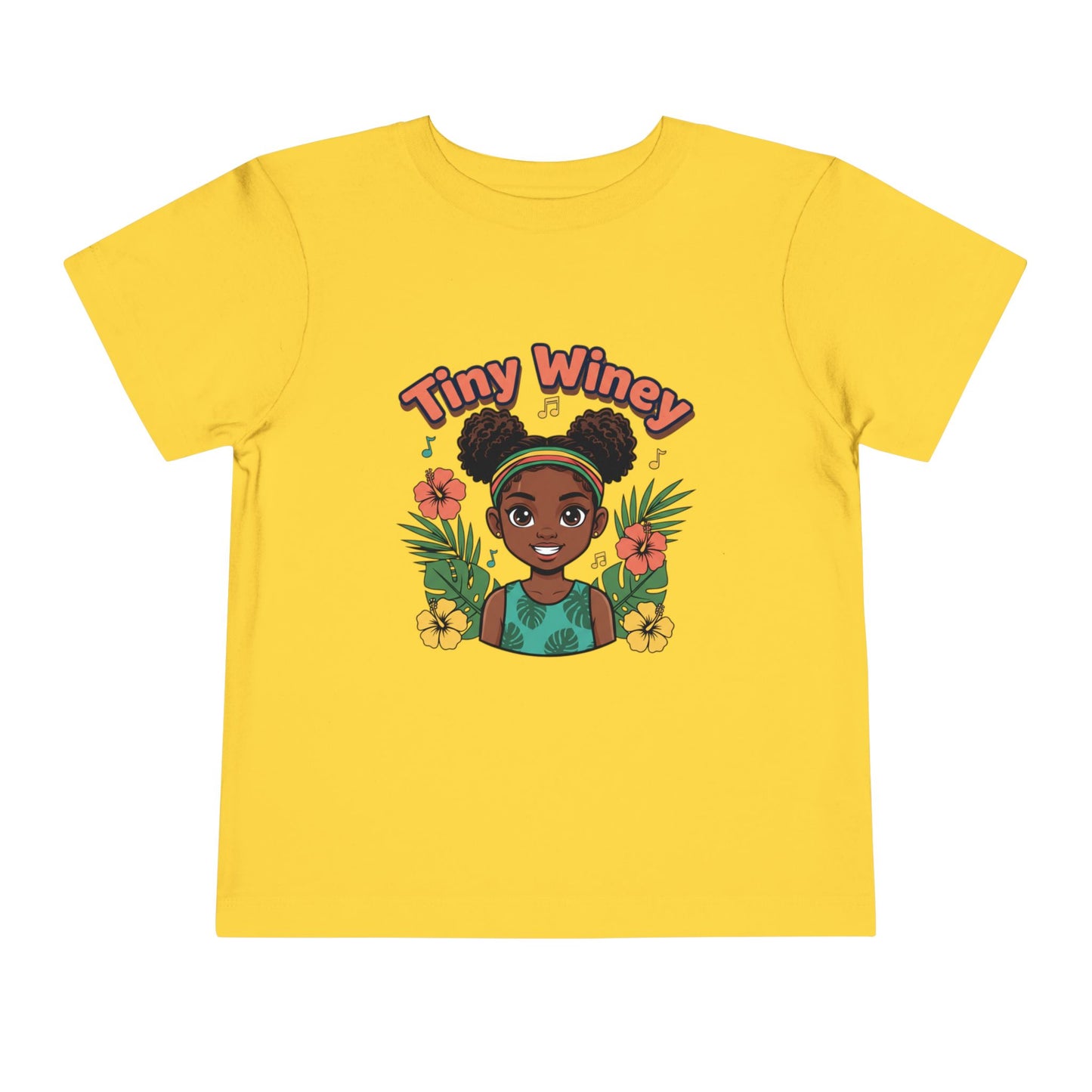 Yellow t-shirt with a graphic of a girl with flowers and 'Tiny Winey' text on a white background
