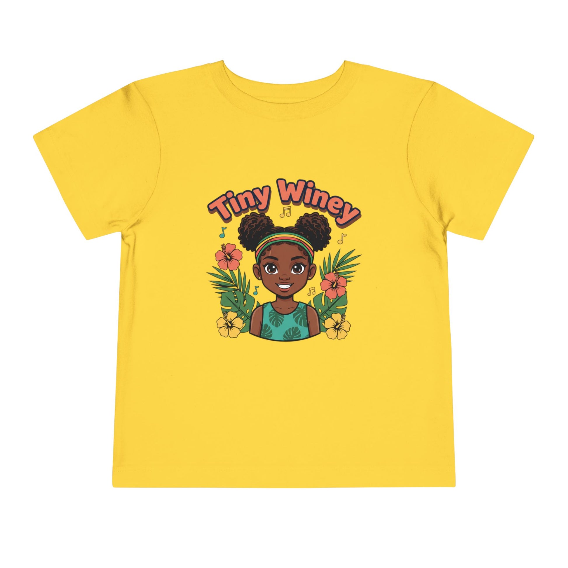 Yellow t-shirt with a graphic of a girl with flowers and 'Tiny Winey' text on a white background