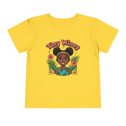 Yellow t-shirt with a graphic of a girl with flowers and 'Tiny Winey' text on a white background