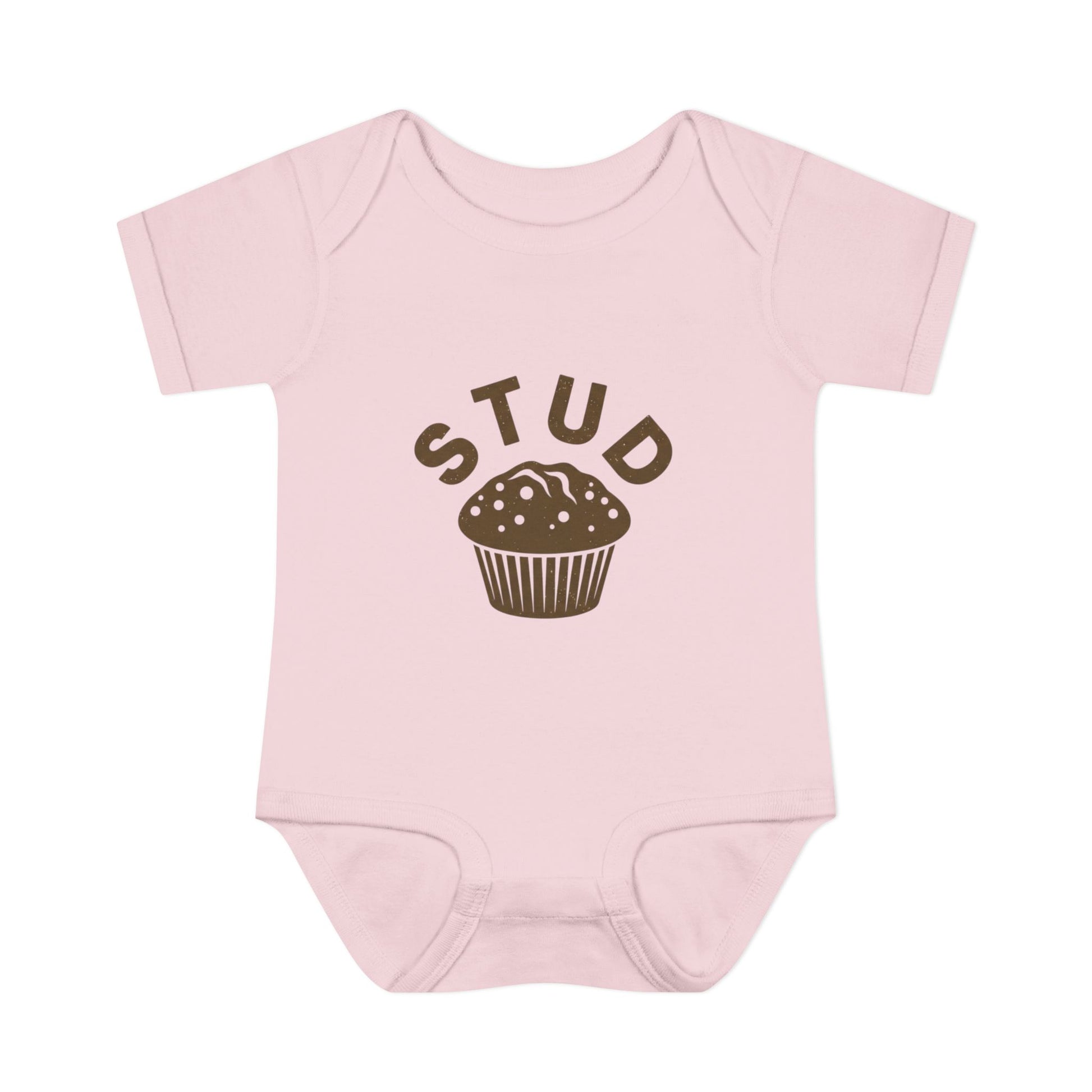 Pink baby onesie with 'STUD' and a muffin graphic on a white background