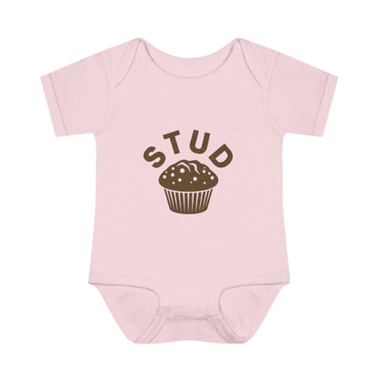 Pink baby onesie with 'STUD' and a muffin graphic on a white background