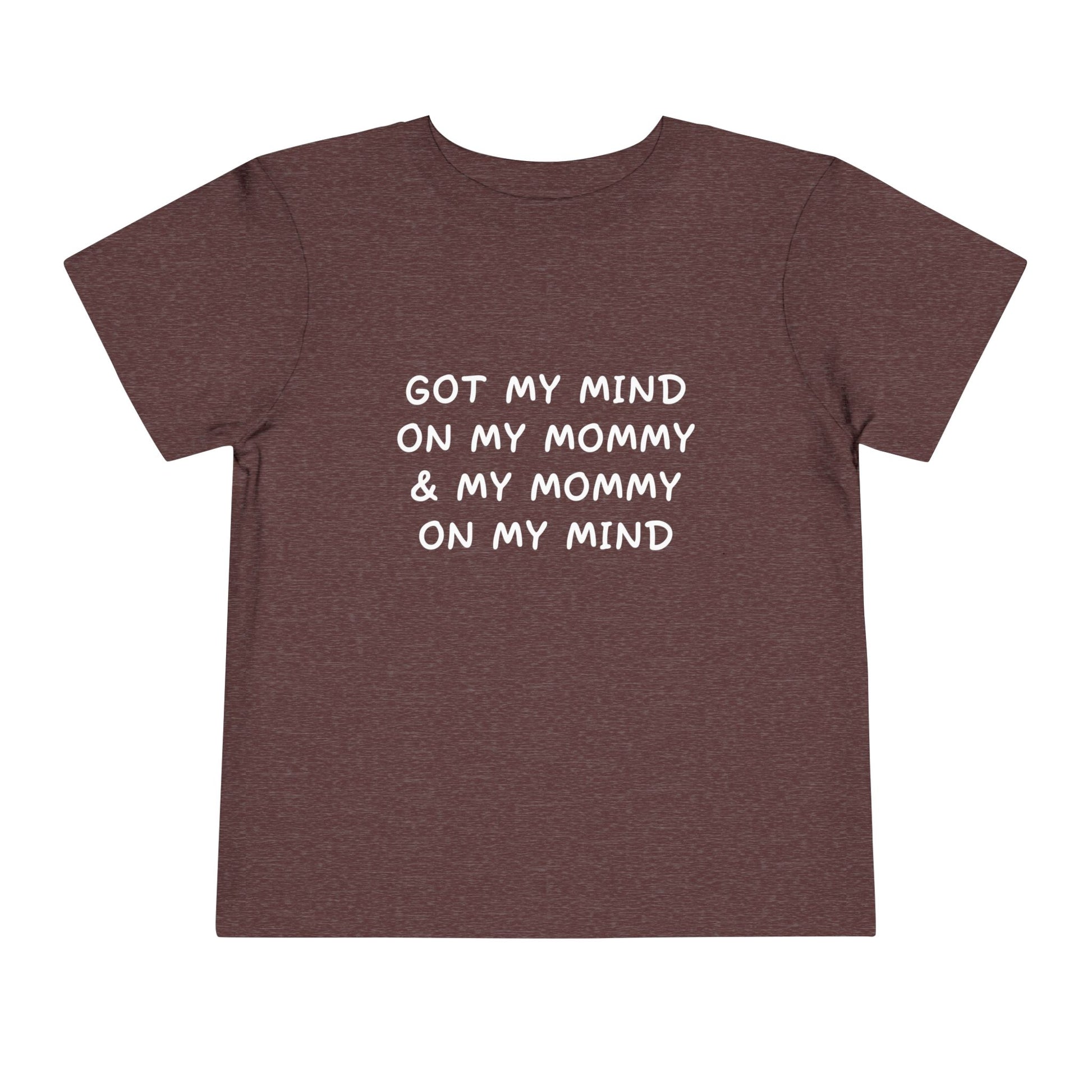 Brown t-shirt with white text on a white background