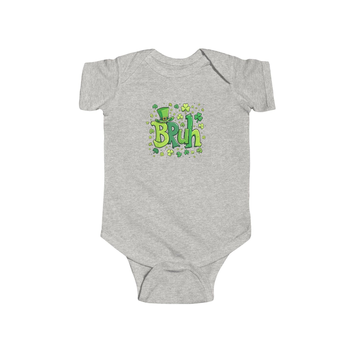 Gray baby onesie with 'Bruh' text and green design on a white background