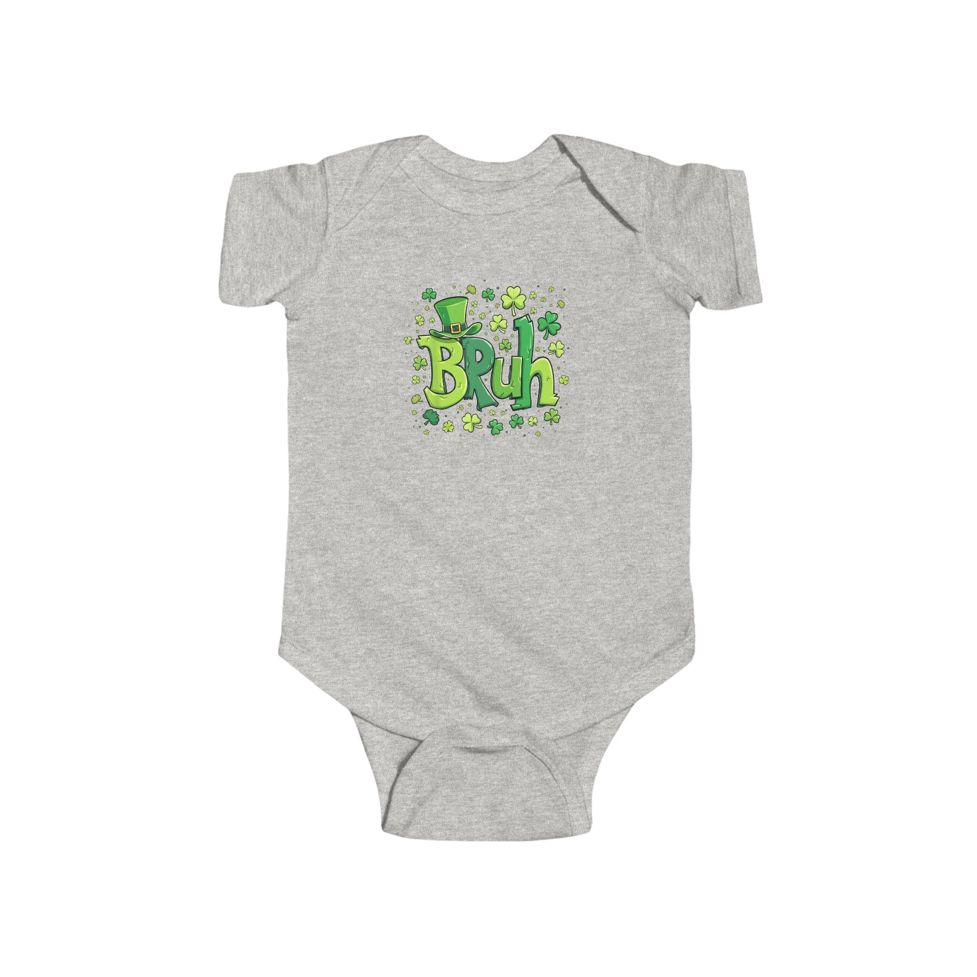 Gray baby onesie with 'Bruh' text and green design on a white background