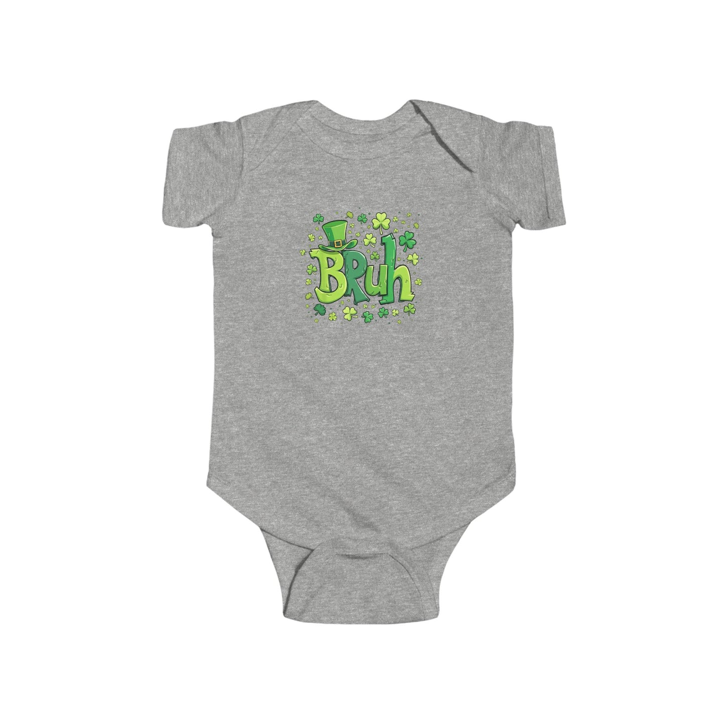 Gray baby onesie with 'Bruh' text and green design on a white background