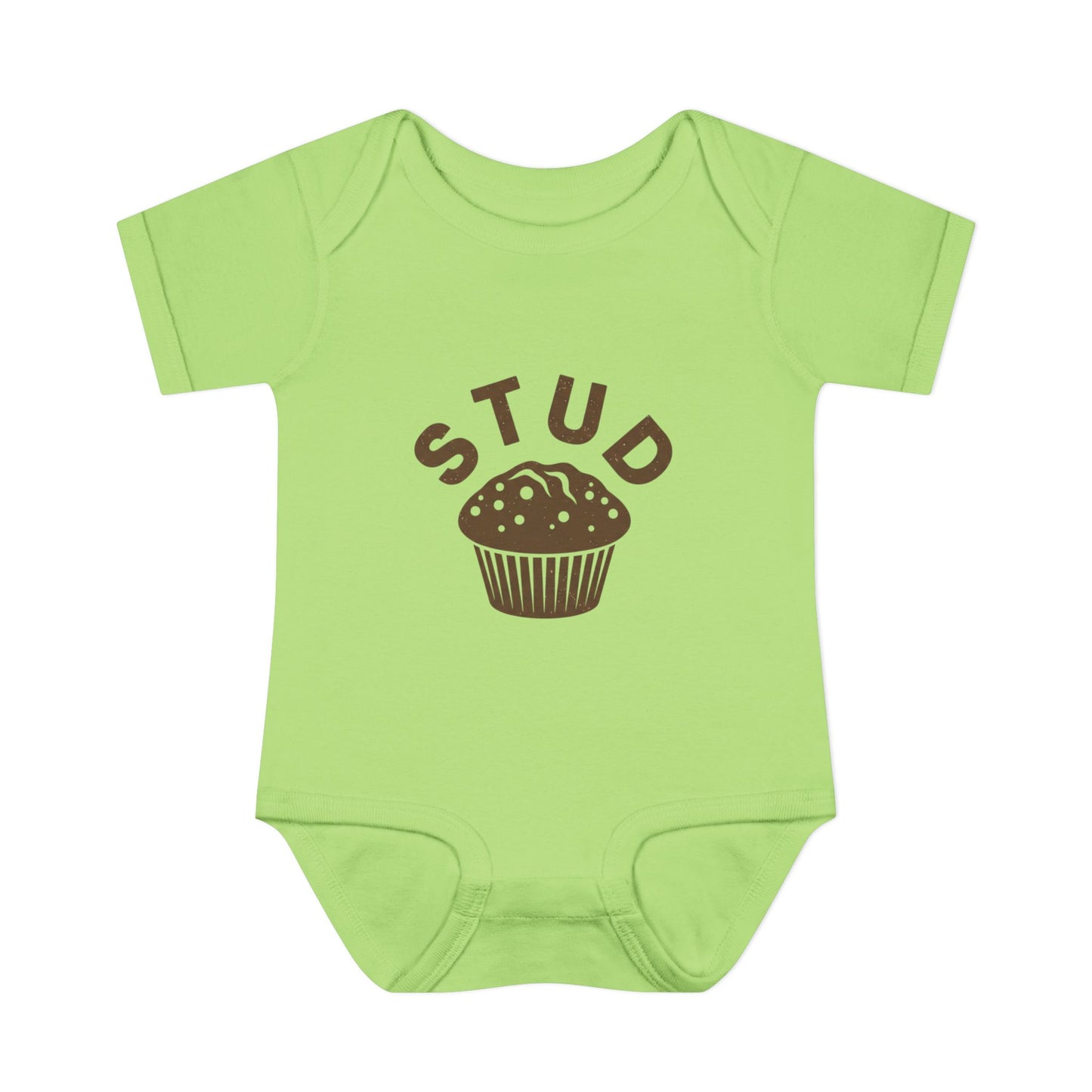 Green baby onesie with 'STUD' and a muffin graphic on a white background