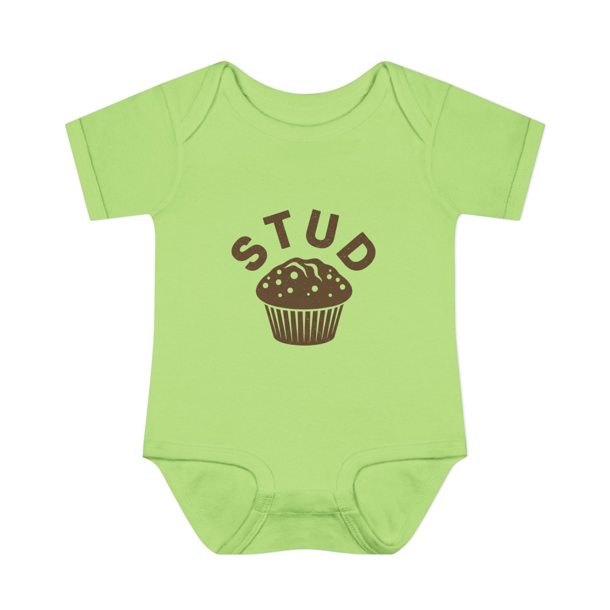 Green baby onesie with 'STUD' and a muffin graphic on a white background