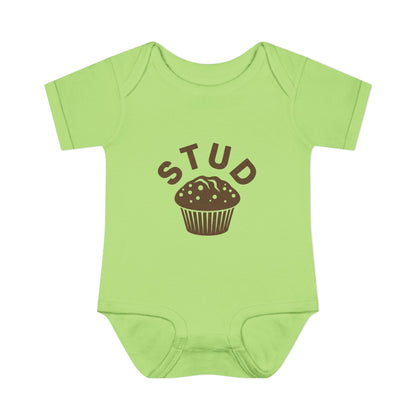 Green baby onesie with 'STUD' and a muffin graphic on a white background
