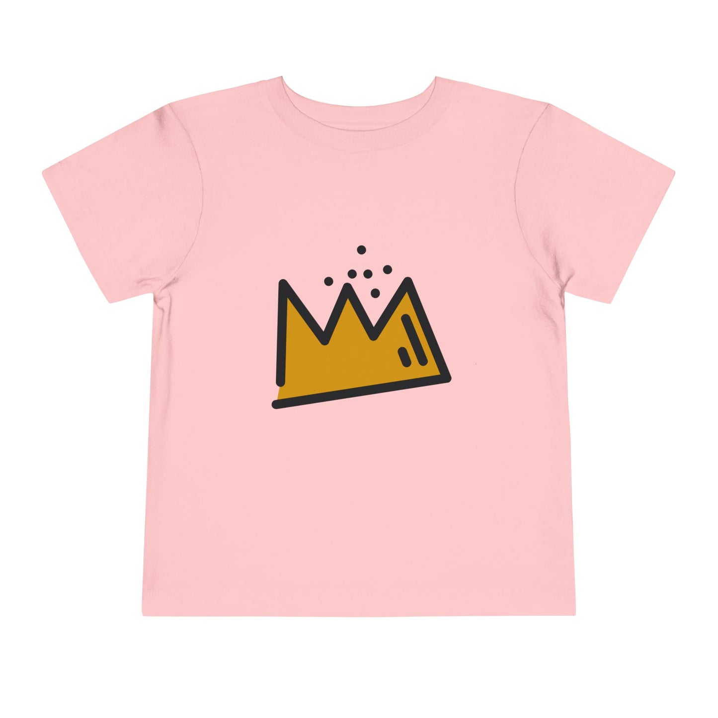 Pink t-shirt with a yellow crown graphic on a white background