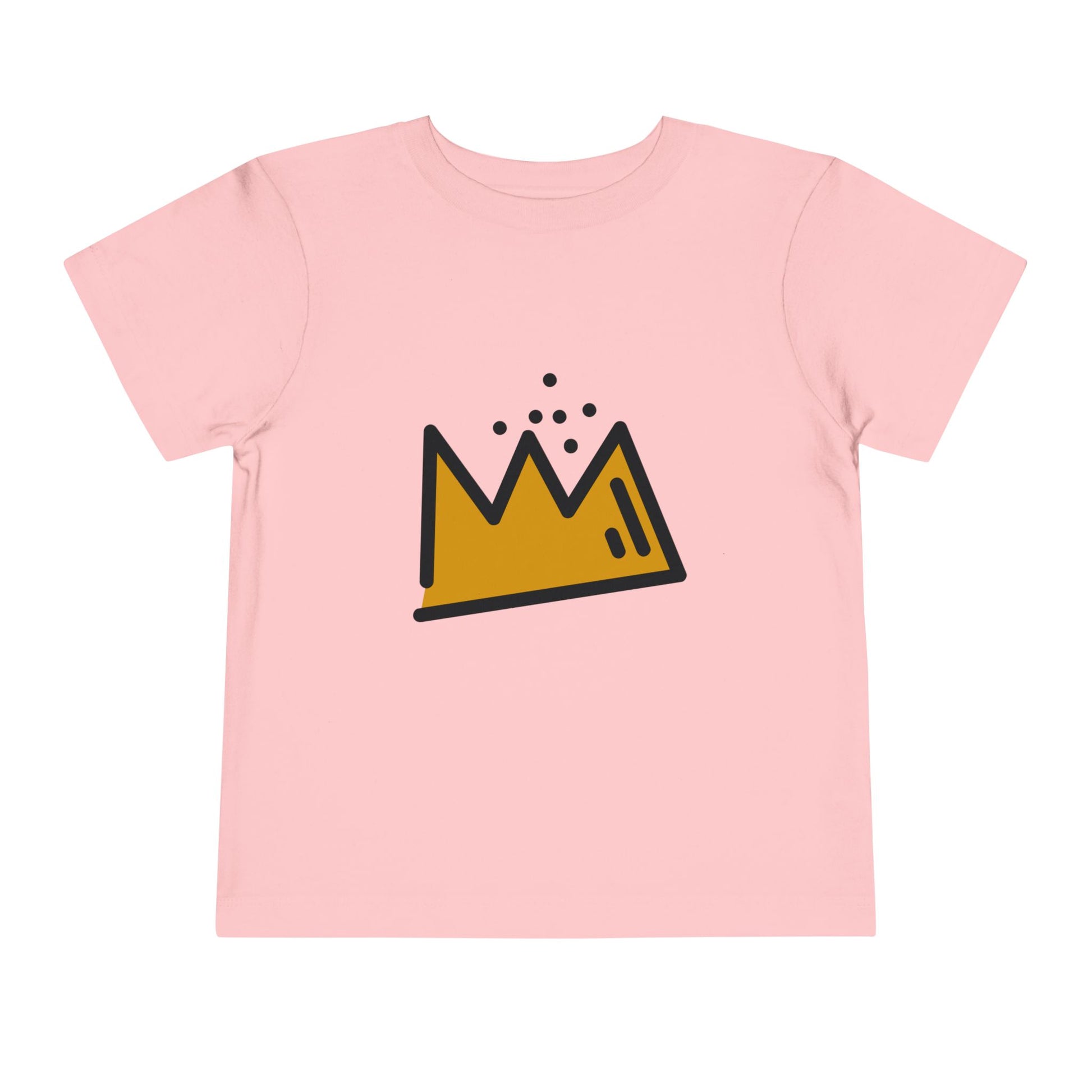 Pink t-shirt with a yellow crown graphic on a white background