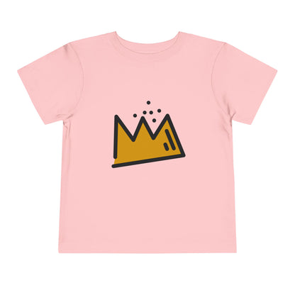 Pink t-shirt with a yellow crown graphic on a white background