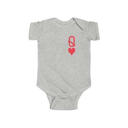 Gray baby onesie with a red heart and key symbol on a white background